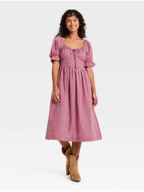 NWT Women’s Red Plaid Puff Sleeve Midi A-Line Dress